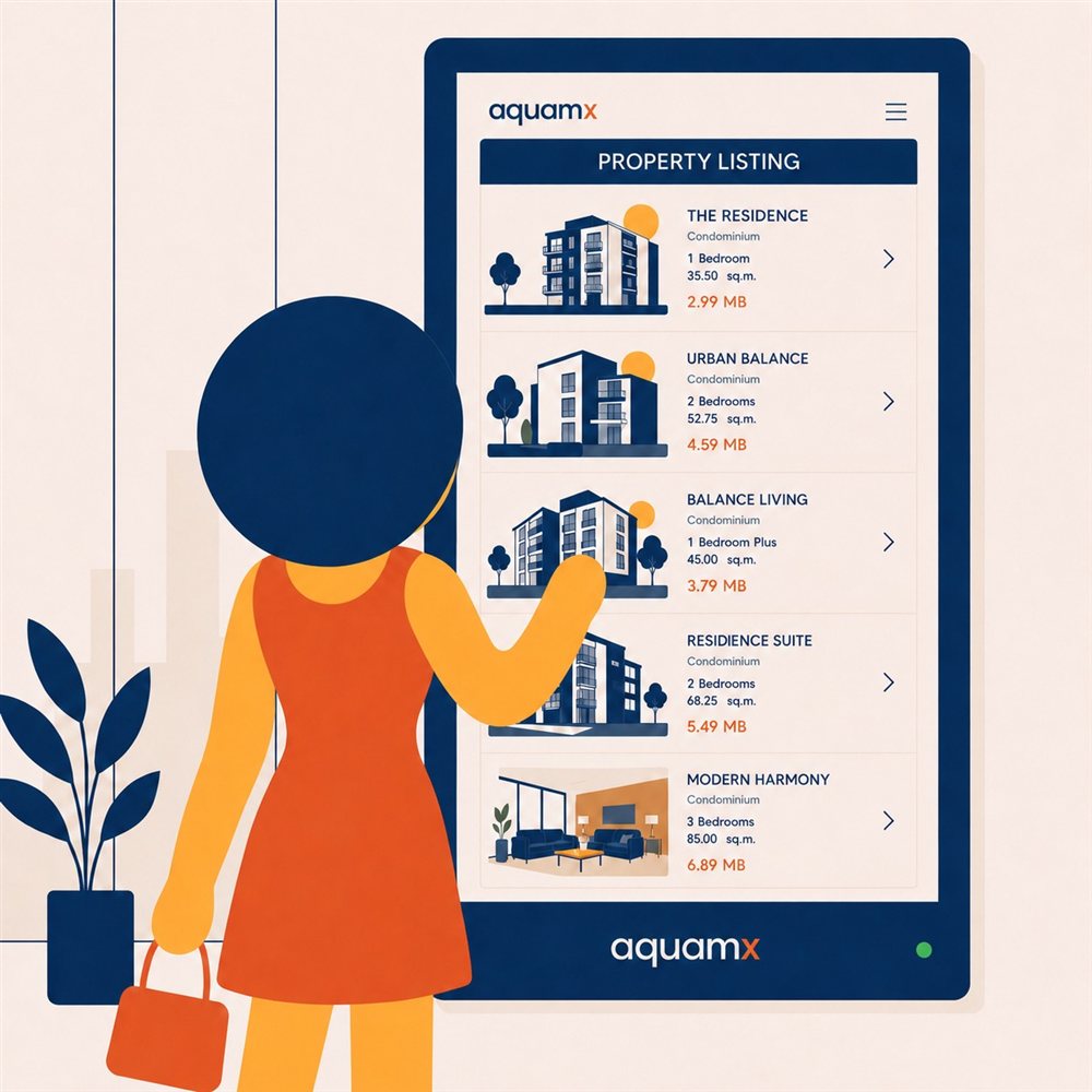 คนเมืองแตะหน้าจอ AquaMx เพื่อ browse listing อาหาร บริการ และห้องพักในคอนโด